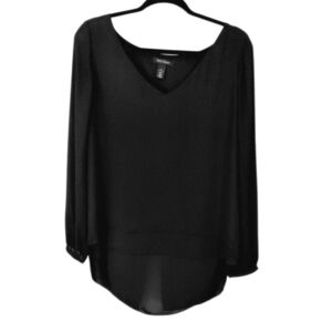 White House Black Market Black Long Sleeve High low Sheer V-Neck Blouse Size 10